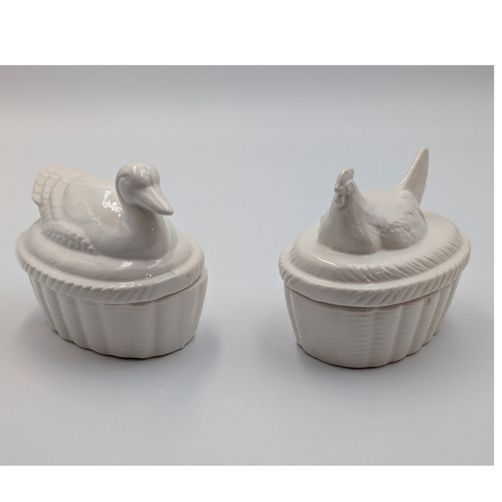 Vintage Action White Ceramic Hen & Duck on Nest Trinket Boxes Set of 2